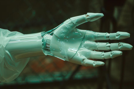 White robot hand is reaching out, with its fingers spread apart, in a dark environment with glowing green lightsの素材