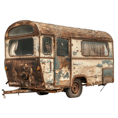 Old and rusty abandoned trailer, forgotten in a field, showing its age and decayの素材