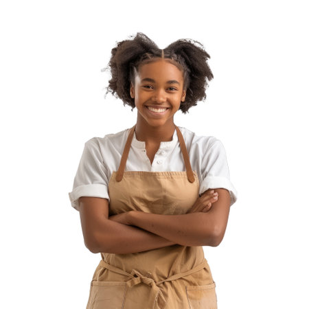 Young woman wearing an apron is smiling with her arms folded on a white backgroundの素材
