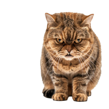 Grumpy cat sitting and showing teeth on white backgroundの素材
