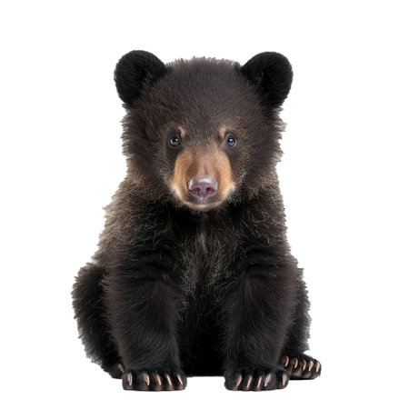 Adorable black bear cub sitting and looking at the camera, isolated on whiteの素材