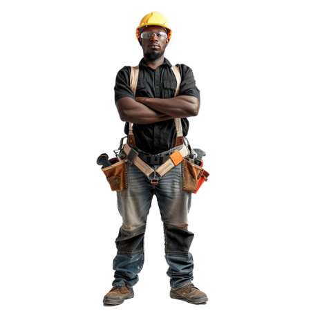 Confident construction worker wearing tool belt and crossing arms standing on white backgroundの素材