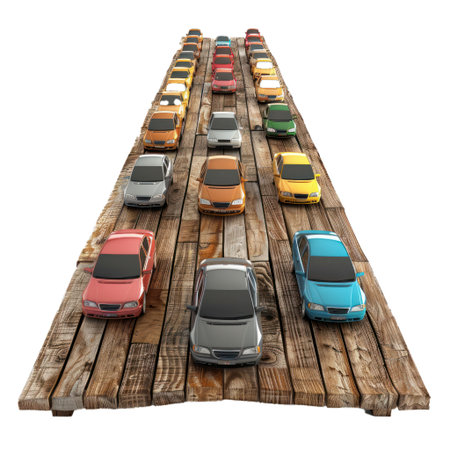 3d illustration of many colorful cars stuck in traffic jam on wooden road with isolated white backgroundの素材