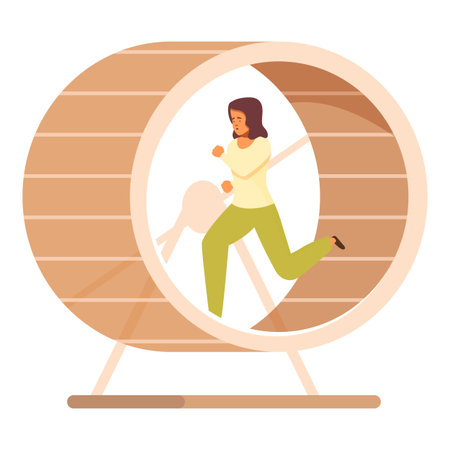 Businesswoman is running in a hamster wheel, looking stressed and overworkedのイラスト素材