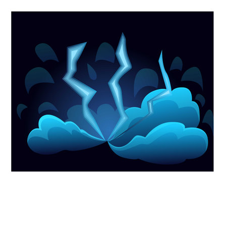 Blue lightning striking through cartoon clouds on dark backgroundのイラスト素材