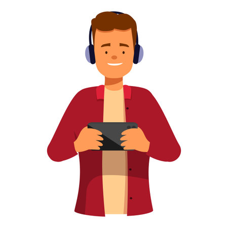 Happy man holding smartphone and playing mobile game, wearing headphones and listening to the musicのイラスト素材