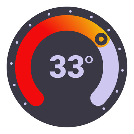 Round thermostat showing the temperature setting at 33 degrees with a red and purple scaleのイラスト素材