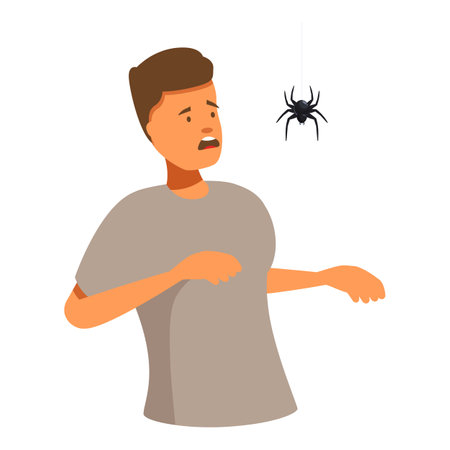 Terrified man is looking at a spider hanging on its web, suffering from arachnophobiaのイラスト素材