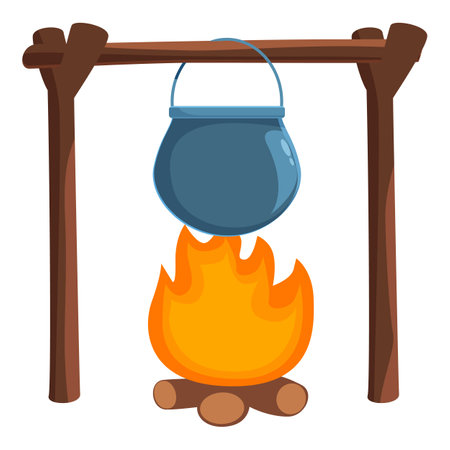 Cartoon style cooking pot is hanging over a bright orange campfire, ready to cook a meal in the wildのイラスト素材