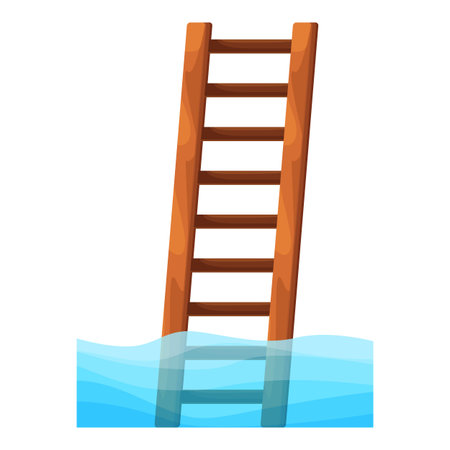 Wooden ladder partially submerged in blue water, representing concepts such as flood, rescue, and escapeのイラスト素材