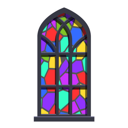 Tall gothic arched window with colorful stained glass letting light throughのイラスト素材