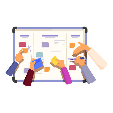 Business people team working and planning project using scrum agile method with kanban board on whiteboard in officeのイラスト素材