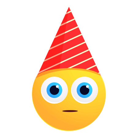 Cartoon illustration of a yellow emoji wearing a red and white party hat and looking confusedのイラスト素材