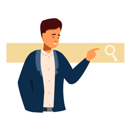 Young adult man pointing at a search bar and smiling, searching information online conceptのイラスト素材