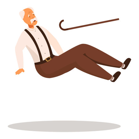Elderly man is falling backwards after losing his balance and letting go of his walking stickのイラスト素材