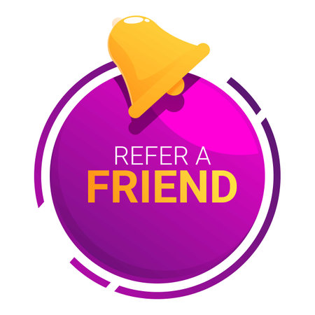 Cartoon style notification bell ringing on purple button with white and yellow refer a friend text, perfect for marketing and advertisingのイラスト素材