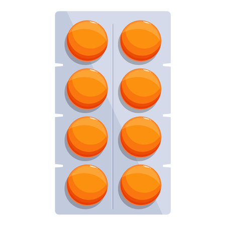 Blister pack containing round orange pills for treating illness and improving healthのイラスト素材