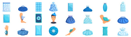 Ice bag icons set. Patient applying ice pack for pain relief after trauma injury icon set in cartoon styleのイラスト素材