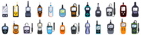 Thermohygrometer icons set. Set of colorful electronic tools for measuring environmental parameters, temperature, humidity and other indicatorsのイラスト素材