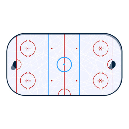 Minimalist vector illustration featuring an empty ice hockey rink with markings, suggesting the start of a game or practiceのイラスト素材