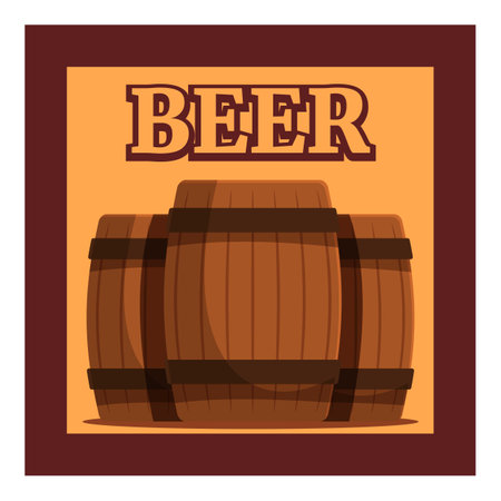 Wooden beer barrels standing in front of an orange banner with the word beer on itのイラスト素材