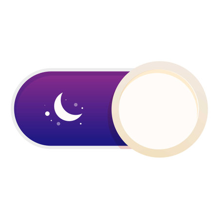 Night mode toggle switch button is turning on, shown by a crescent moon and stars icon on a purple and blue gradient backgroundのイラスト素材