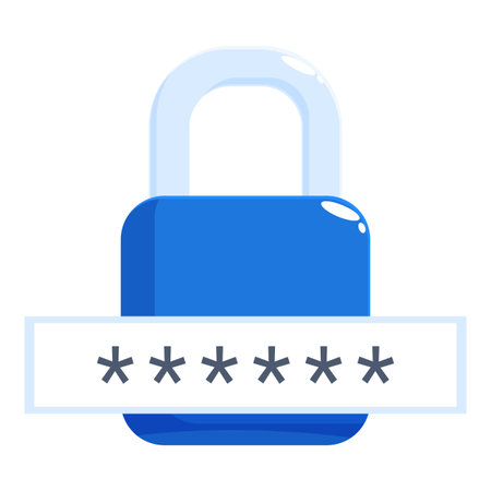 Blue padlock protecting a password hidden with asterisks, illustrating cybersecurity and data protectionのイラスト素材