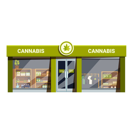 Cannabis store exterior with glass door and large windows, showing products for sale like drinks, clothes, cosmetics and marijuanaのイラスト素材