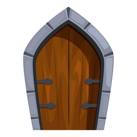 Ancient wooden door with stone archway and metal elements is isolated on white backgroundのイラスト素材