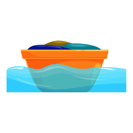 Orange basin is floating on water with garbage, illustrating the concept of pollutionのイラスト素材