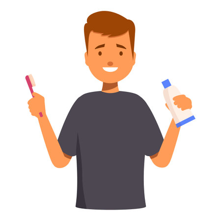 Cartoon man is smiling while holding a toothbrush and toothpaste, promoting the importance of oral hygieneのイラスト素材