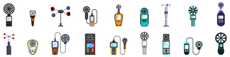 Anemometer icons set. Collection of anemometers showing wind speed measurement in different waysのイラスト素材