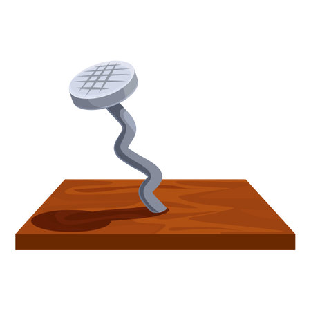 Bent metal nail is hammered into a wooden plank, causing difficulties in construction or repairのイラスト素材
