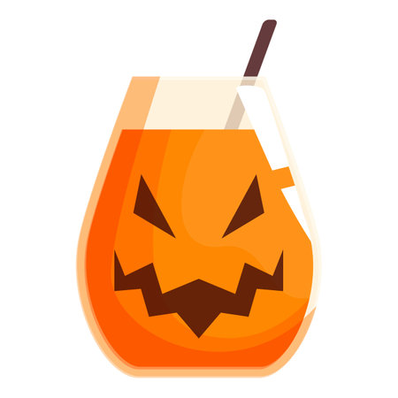 Glass of orange juice is being served in a pumpkin shaped glass with a straw sticking out for a festive halloween celebrationのイラスト素材