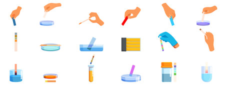 Test paper strips icons set. Scientists are determining the acidity and alkalinity of solutions in a laboratory settingのイラスト素材