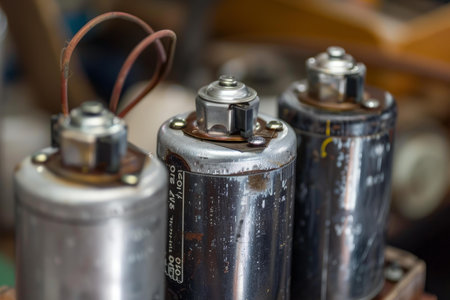 Close up of old electrolytic capacitors covered with dust and patina, being repaired in an electronics workshopの素材