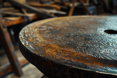 Round rusty metal table top showing welding marks is standing in a workshopの素材