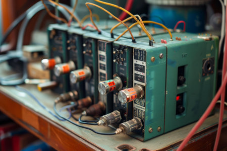 Close up of vintage electrical equipment with a focus on the intricate wiring and control panel, showcasing the complexity of technology from a bygone eraの素材