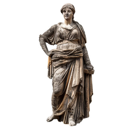 Weathered marble statue of a roman woman wearing a tunic and a stola, isolated on white backgroundの素材