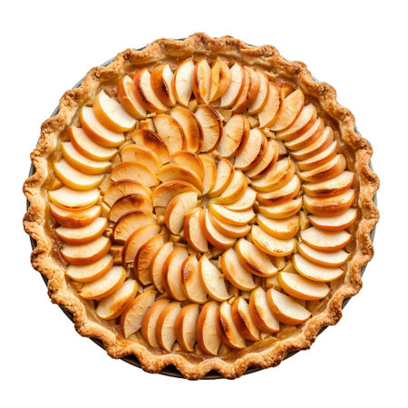Freshly baked apple pie with a golden brown crust, featuring a beautiful arrangement of apple slicesの素材