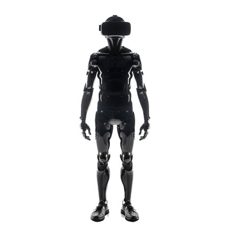 Black robot is standing still wearing a vr headset and experiencing virtual realityの素材
