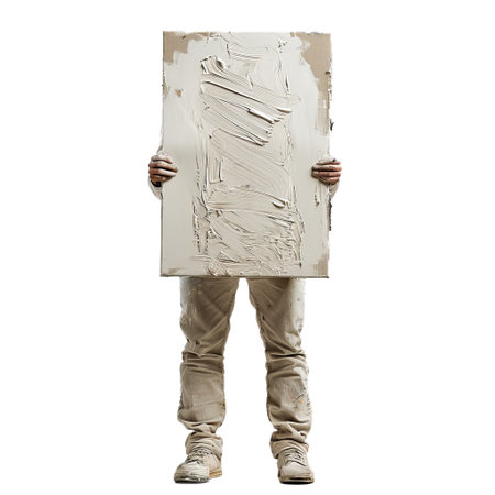 Full length portrait of a construction worker holding a plasterboard with drying cement plaster in front of himの素材