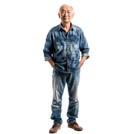 Full length portrait of a senior asian man standing on a white background wearing a denim shirt and jeansの素材