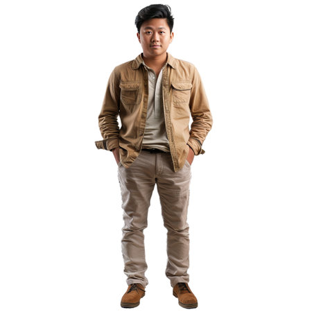 Young man standing with his hands in his pockets, wearing a casual outfitの素材