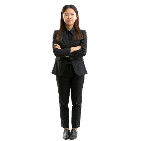 Young businesswoman is standing with her arms crossed, looking assertive and confidentの素材