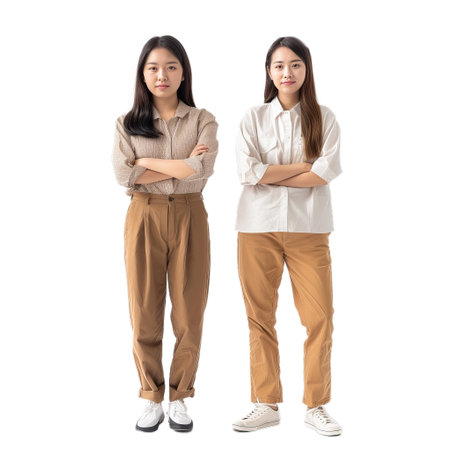 Two young businesswomen are standing with arms crossed, looking serious and confident on white backgroundの素材