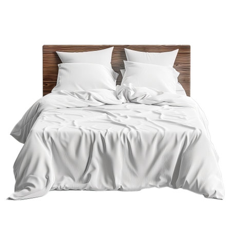 Bed with white bedding is standing on the floor against a white backgroundの素材