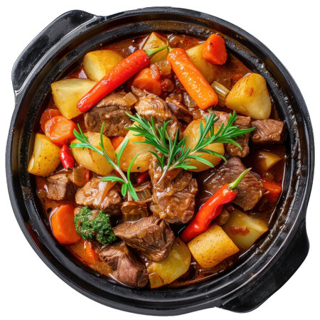 Delicious beef stew with vegetables simmering in a black pot, seasoned with fresh rosemaryの素材