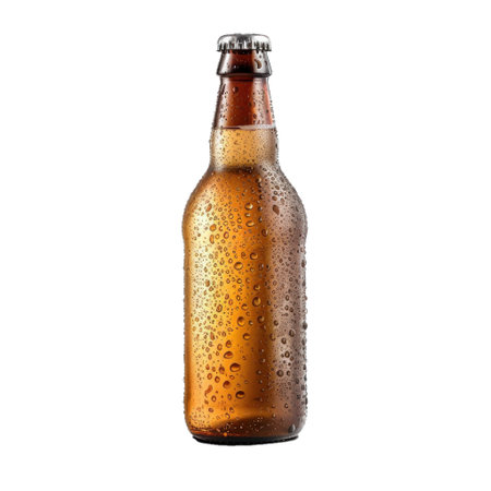 Brown beer bottle covered with condensation standing on a white backgroundの素材