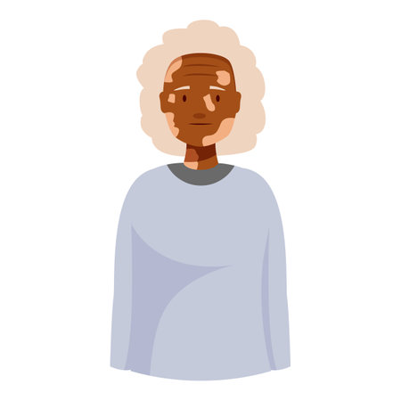 Portrait of a happy senior black woman with vitiligo wearing a blue sweater, representing diversity and inclusionのイラスト素材